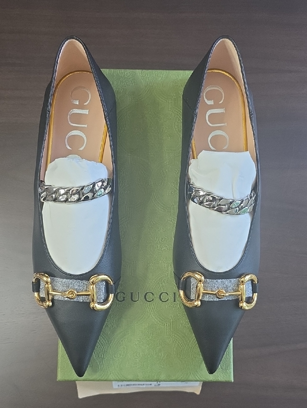 Gucci Black and White Pointed Leather Loafers with Gold & Silver Hardware